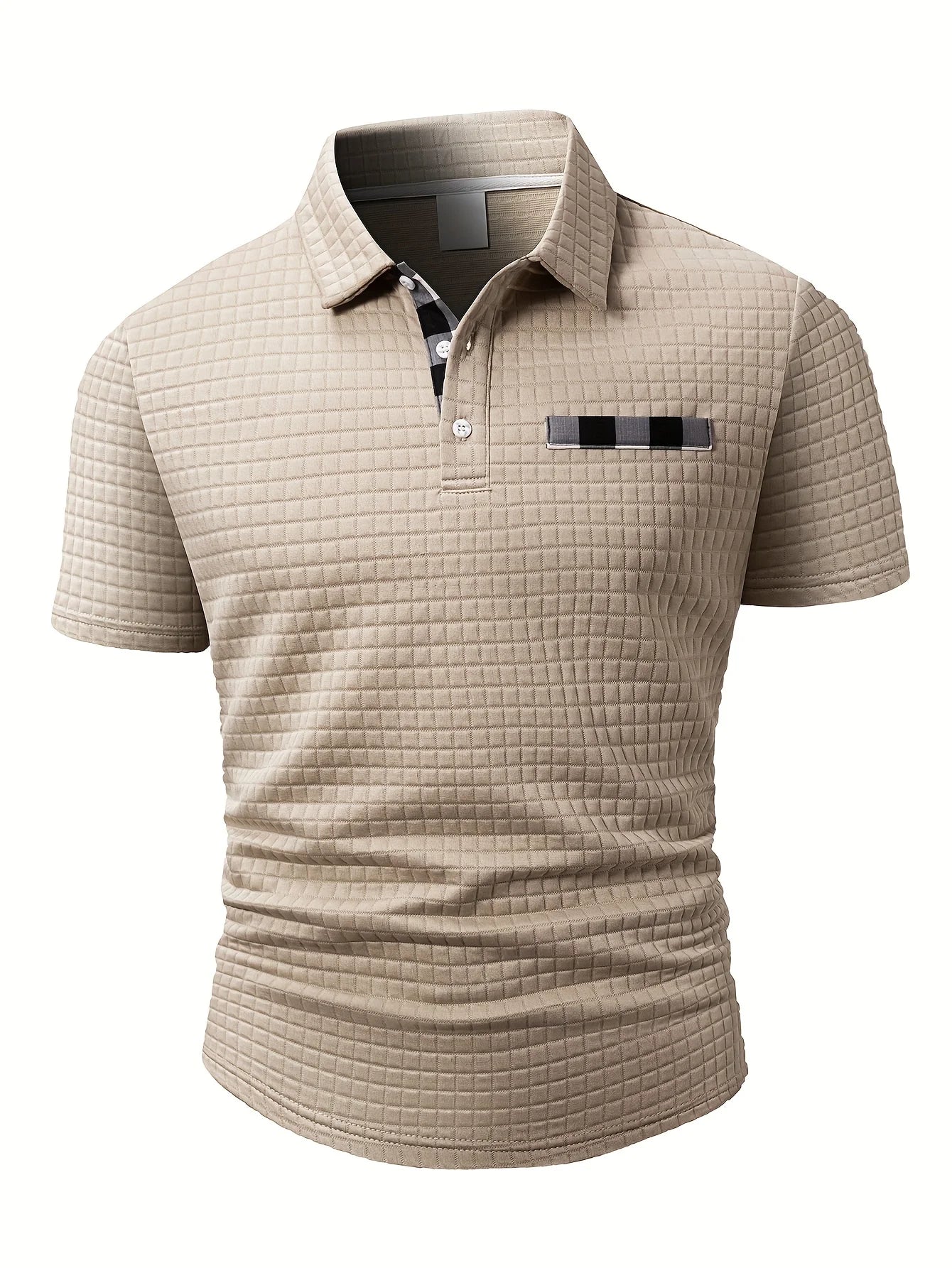 Men's Polo Shirt with Square Plaid Texture Fabric, Solid Color Pattern, Short-Sleeve Polo Collar Top, Non-Positioned Digital Print Fabric, Irregular Plaid Pattern, Fashionable Casual Daily Wear, Business Casual Wear