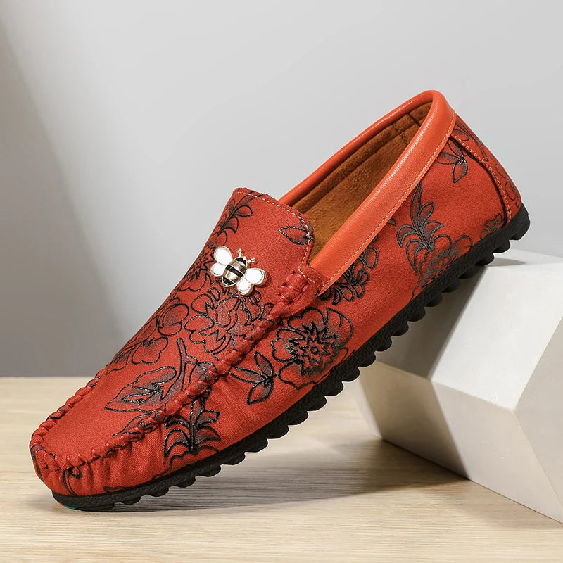 Autumn Fashion Flower Print Men's Loafers Oversized Leather Flat Shoes Men's Lightweight Driving Shoes