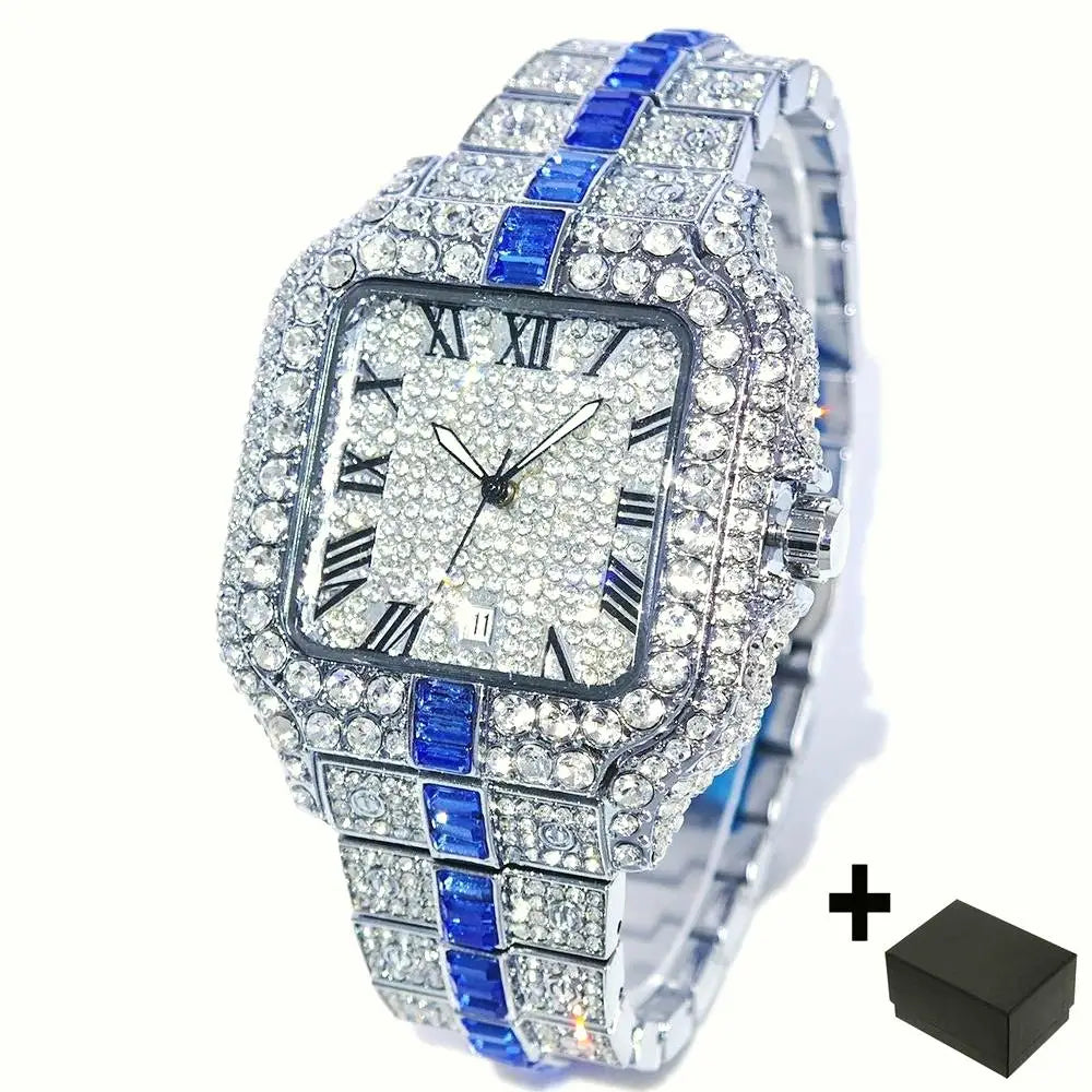 Fashion Watch For Men Brand UNIGUET Luxury Square Iced Out Quartz Watch Man Hip Hop Blue Diamond Jewelry Wristwatch Reloj Hombre