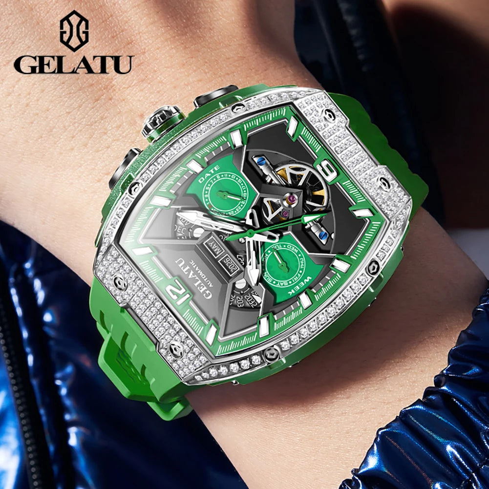 GELATU 6016 High-end Full Diamond Automatic Mechanical Watch for Men Multifunction Hollow Silicone Strap Men's Wristwatches