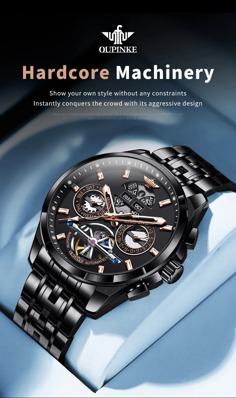 OUPINKE 3251 Watch For Men Auto Date Hollow Skeleton Luxury Automatic Mechanical Hand Clock Top Brand Waterproof Man Watches