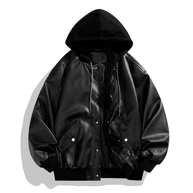 Hoodie Vintage Faux Leather jackets Trendy Cool Black Faux Suede PU Leather Jackets Men's hip hop Style Luxury Leather Clothes