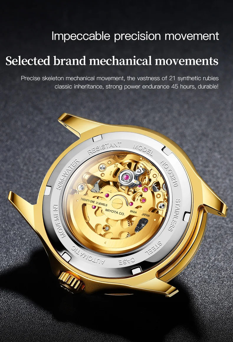 OUPINKE 3210 Gold Men Fully Automatic Mechanical Watch High end Original 3D Hollow Design Waterproof Luminous Men Watch Luxury