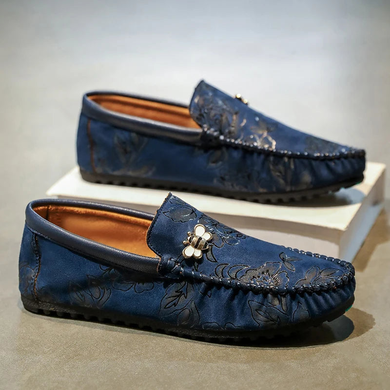 Autumn Fashion Flower Print Men's Loafers Oversized Leather Flat Shoes Men's Lightweight Driving Shoes