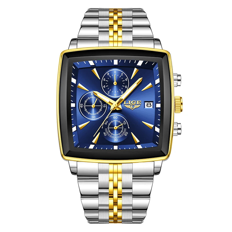 LIGE Fashion Luxury  Watches for Men Square Dial Stainless Steel Waterproof Luminous Auto Date Chronograph Quartz Man Watch+Box
