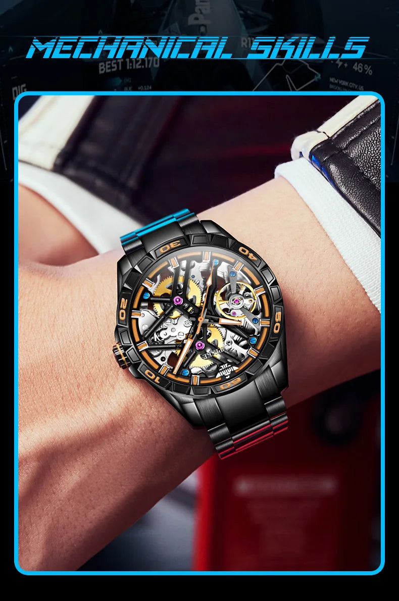 OUPINKE 3196 Blue Watch for Men Original Automatic Movement Deep Waterproof Hollow Out Mechanical Wristwatch Men