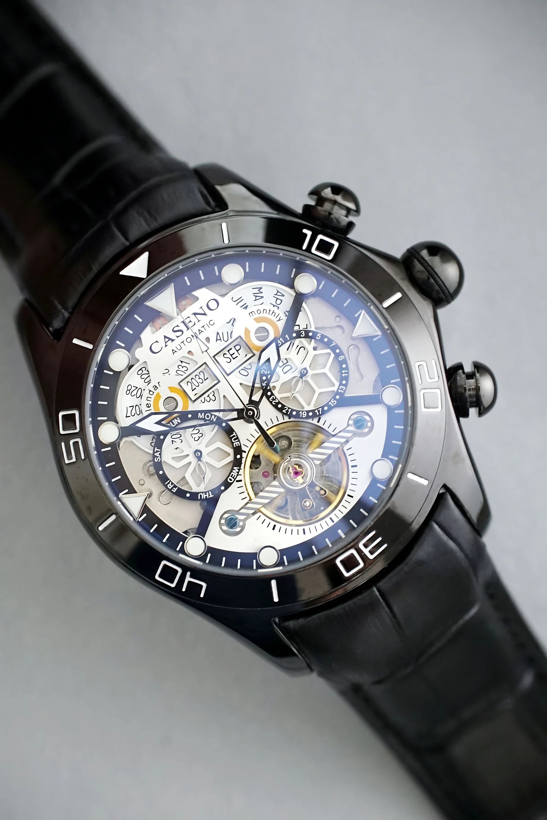 CASENO brand bubble perpetual calendar fully automatic tourbillon large dial mechanical watch belt watch -58284G
