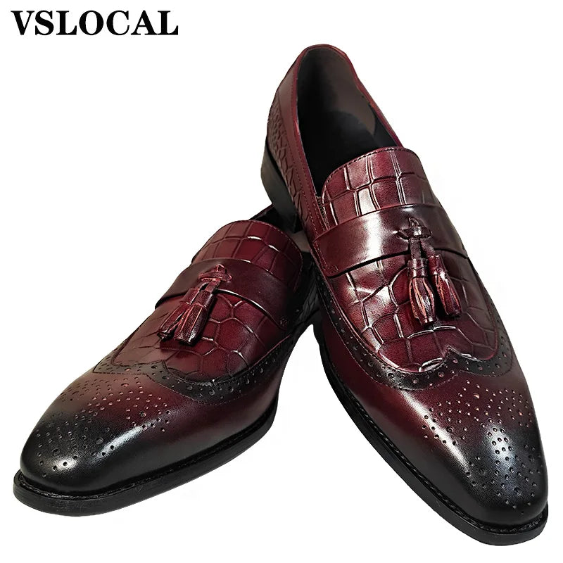 Italian Mens Shoes Blue Black Burgundy Wing Tip Casual Men Dress Shoes Loafers with tassels Leather Slip on Loafers Man