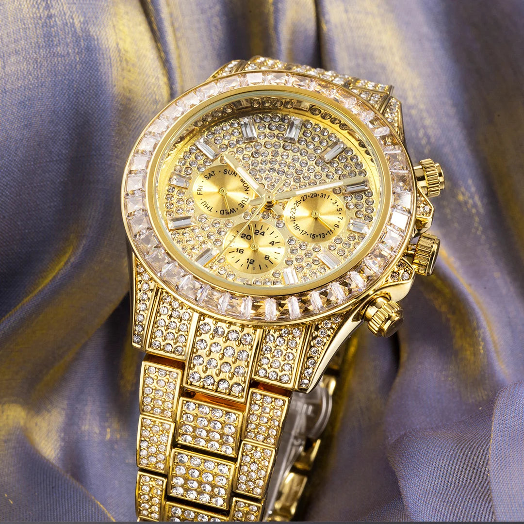 MISSFOX Blingbling Wristwatch For Men Luxury Colour Diamond Calendar Quartz Watch Hip Hop Fashion Waterproof Man Clock Hot Sale
