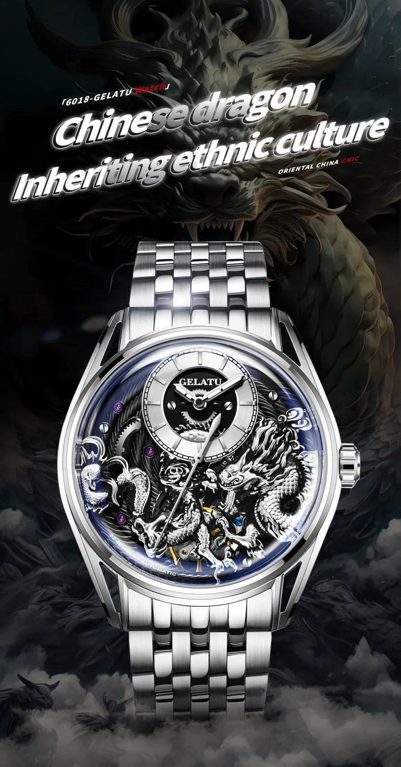 GELATU 6018 Men's Watch Top Brand Original Mechanical Watch For Men 50M Waterproof Luxury Hollow Dragon Automatic Wristwatch