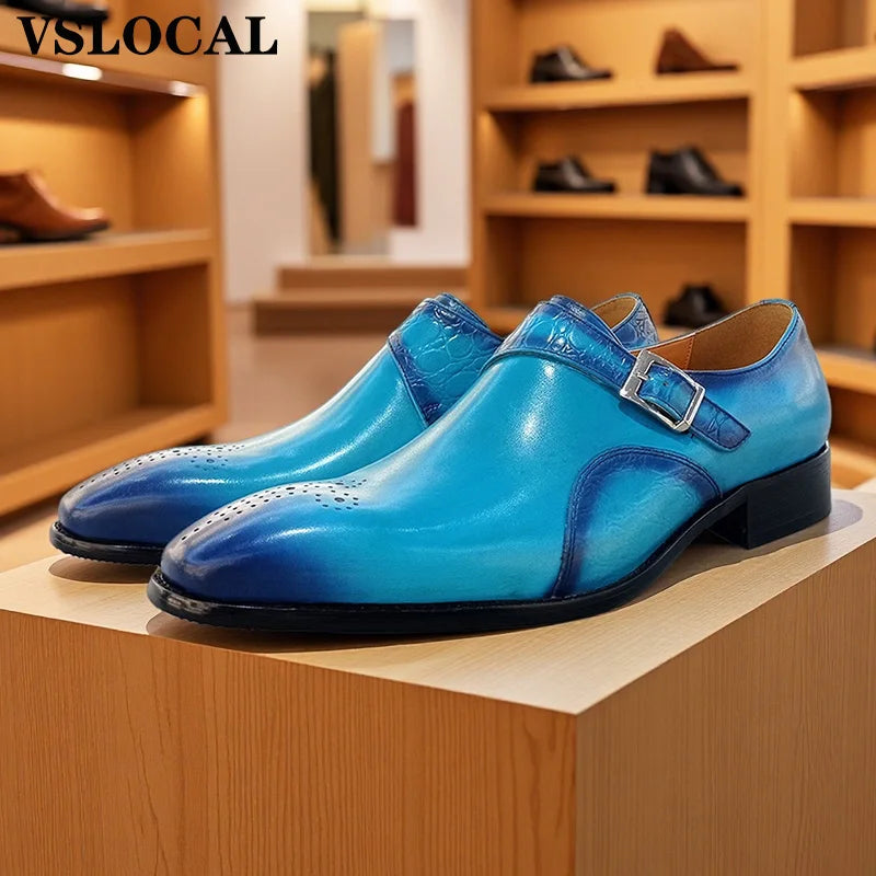 Genuine Leather Men's Loafers Blue Black Buckle Strap Casual Luxury Mens Dress Shoes Office Wedding Monk Shoes For Men