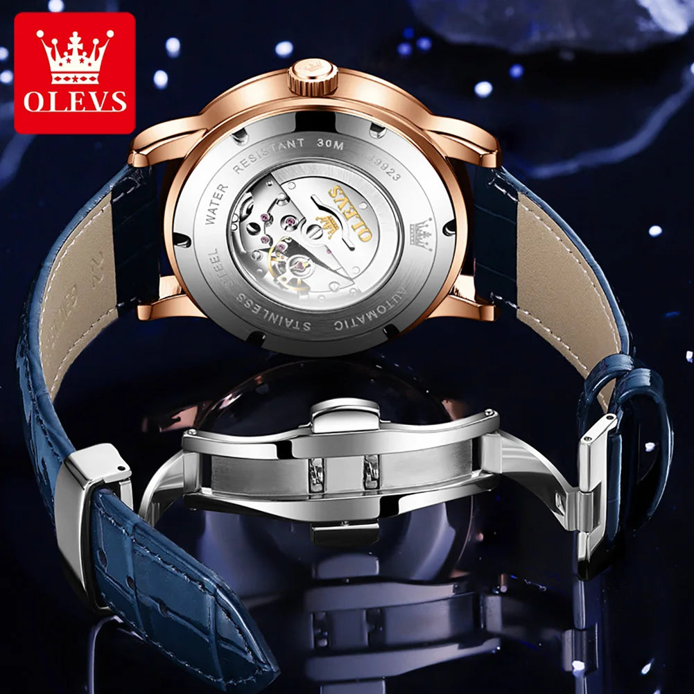 OLEVS 9923 Men's Watches Moon Phase Automatic Mechanical Watch for Man Blue Leather Luxury Dress Waterproof Luminous Wristwatch