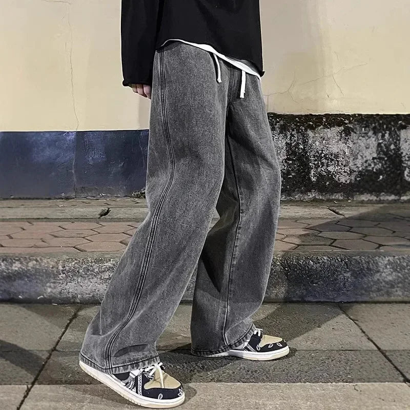 Blue Washed Denim Jeans for Men Straight Loose Fit Wide Leg American Style High Street Casual Pants Trendy Simple