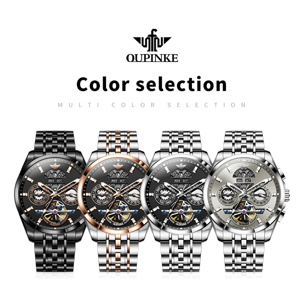 OUPINKE 3251 Mens Watch Luxury Sapphire Glass Tourbillon Mechanical Watch Tungsten Steel 50M Waterproof Watch For Man Gift Box