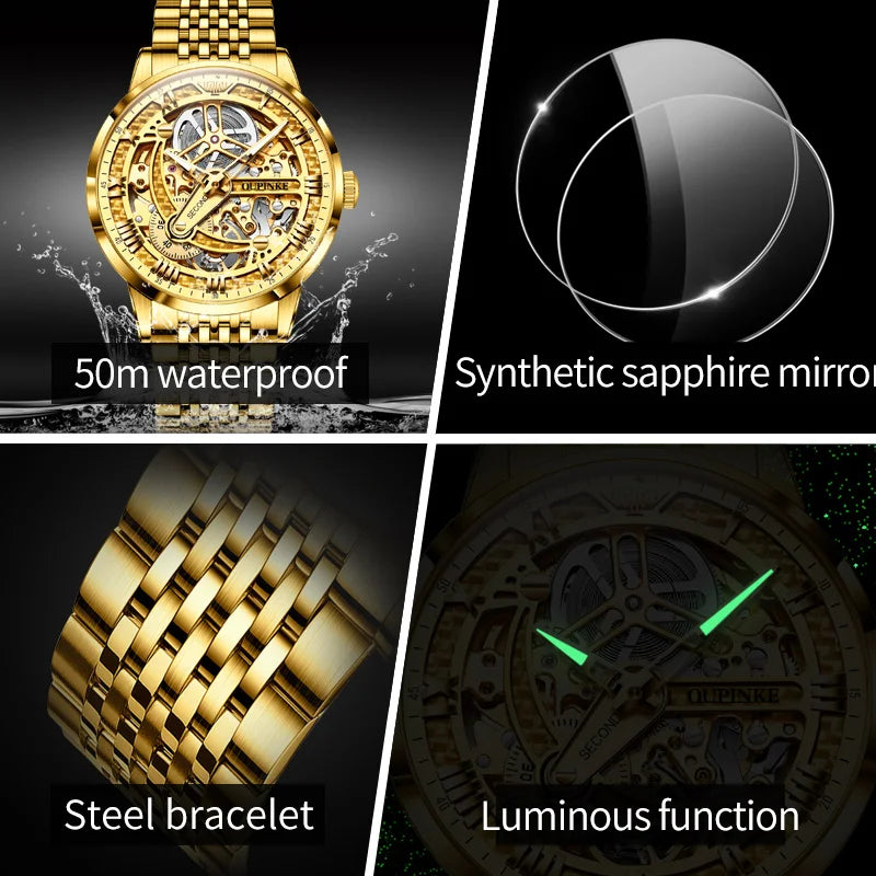 OUPINKE 3173 Men's Full Gold Watch Fully hollow out Waterproof top-level luxury automatic mechanical watch