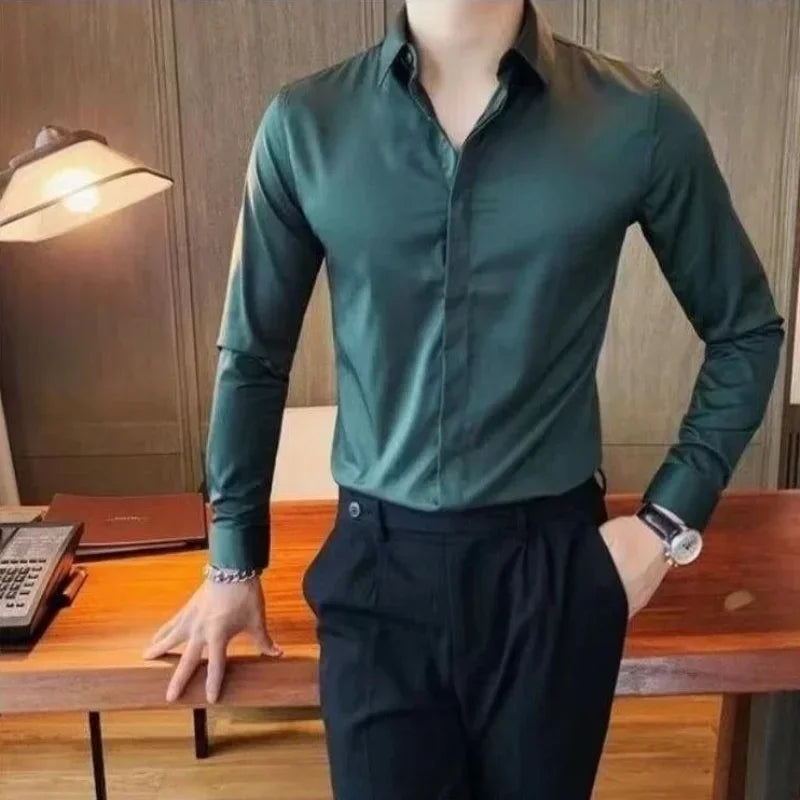 Men's Shirt And Blouse Business Green Long Sleeve Male Top Plain Clothes Designer Elegant New In Silk Button Fashion 2024 Luxury