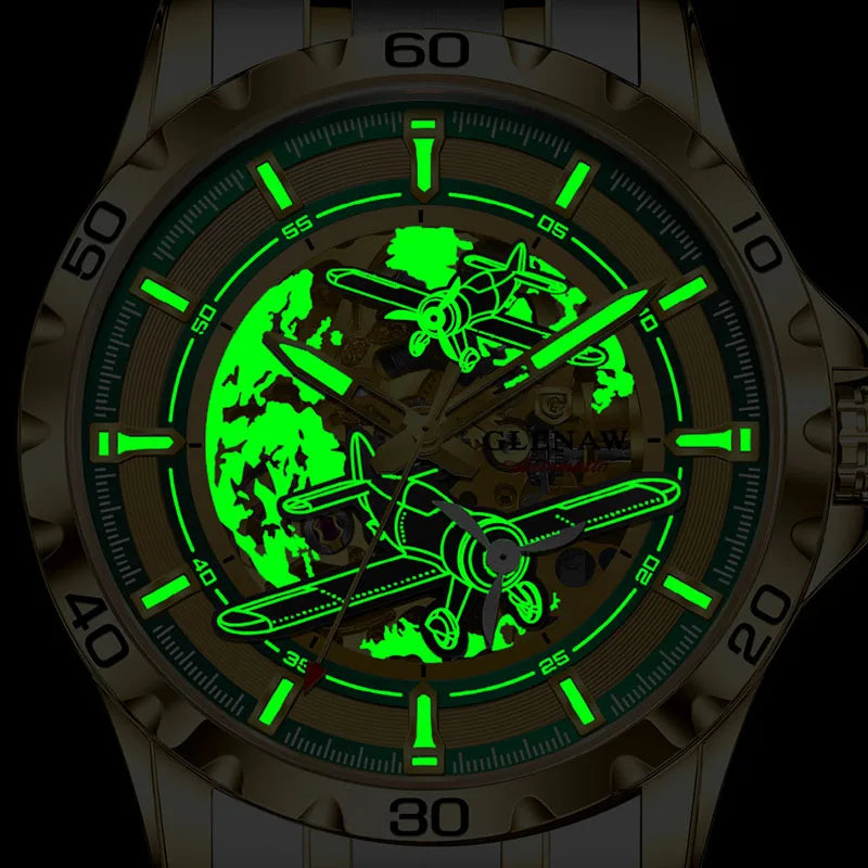 GLENAW New Pilot Series Men Watches Hollow Luxury Automatic Mechanical Watches Luminous waterproof Stainless Steel Strap Watch
