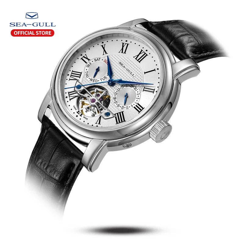 Seagull Men's Watch Automatic Mechanical Wristwatch Multi-Function Hollow Flywheel Business Calendar Weekly Calendar Watches