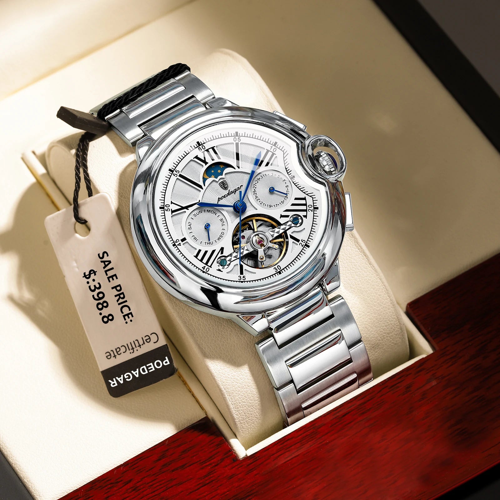 POEDAGAR Luxury Man Watch Tourbillon Date Week Stainless Steel Men Watch Waterproof Automatic Mechanical Military Men's Watches