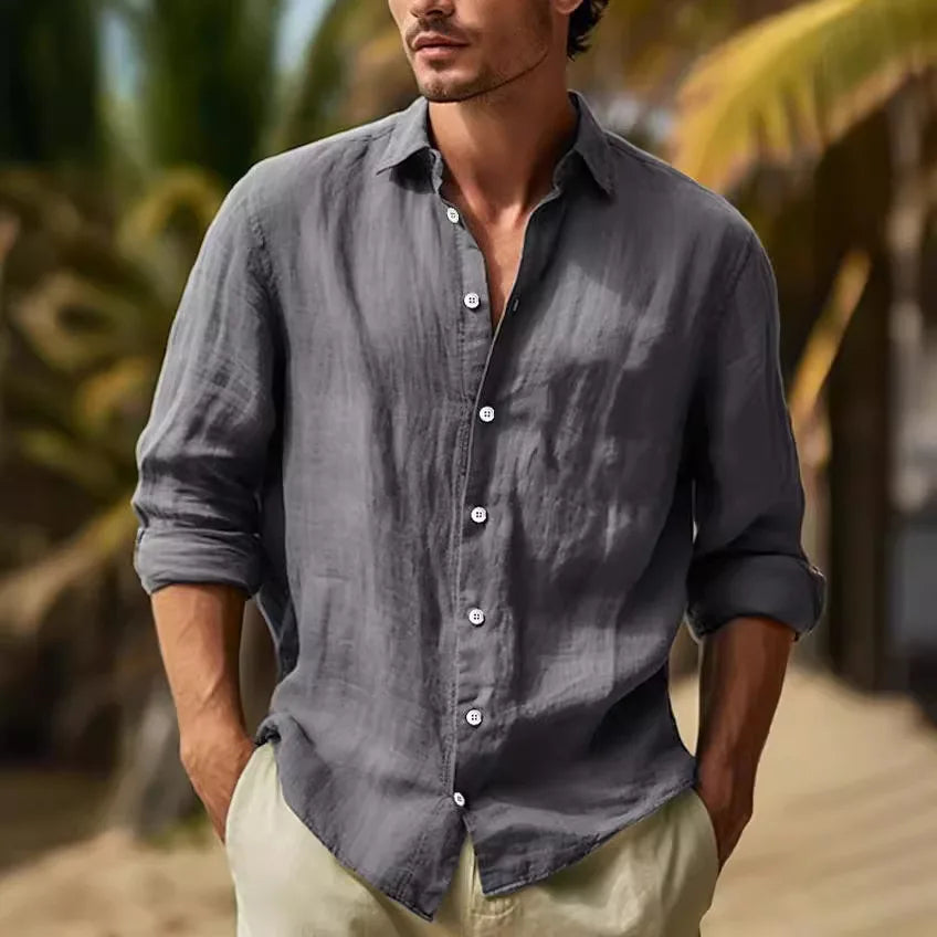 Men's Long-sleeved Top in 2025,Made of Cotton and Linen, Solid Color, Turn-down Collar, in a Casual Style Shirt  linen shirt men