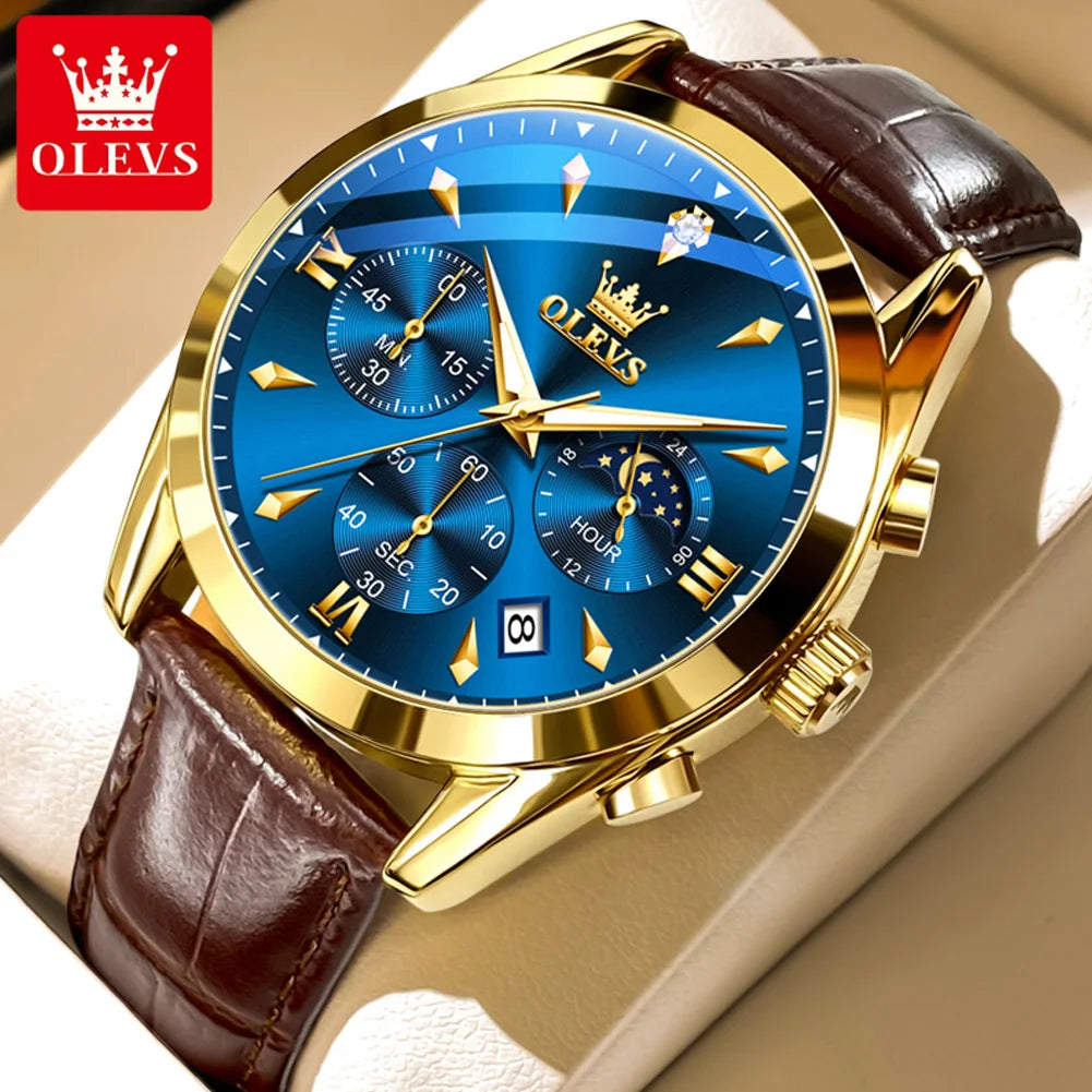 OLEVS 3609 Original Moon Phase Chronograph Man Watch Leather Strap Waterproof Luminous Luxury Brand Quartz Wrist Watches for Men