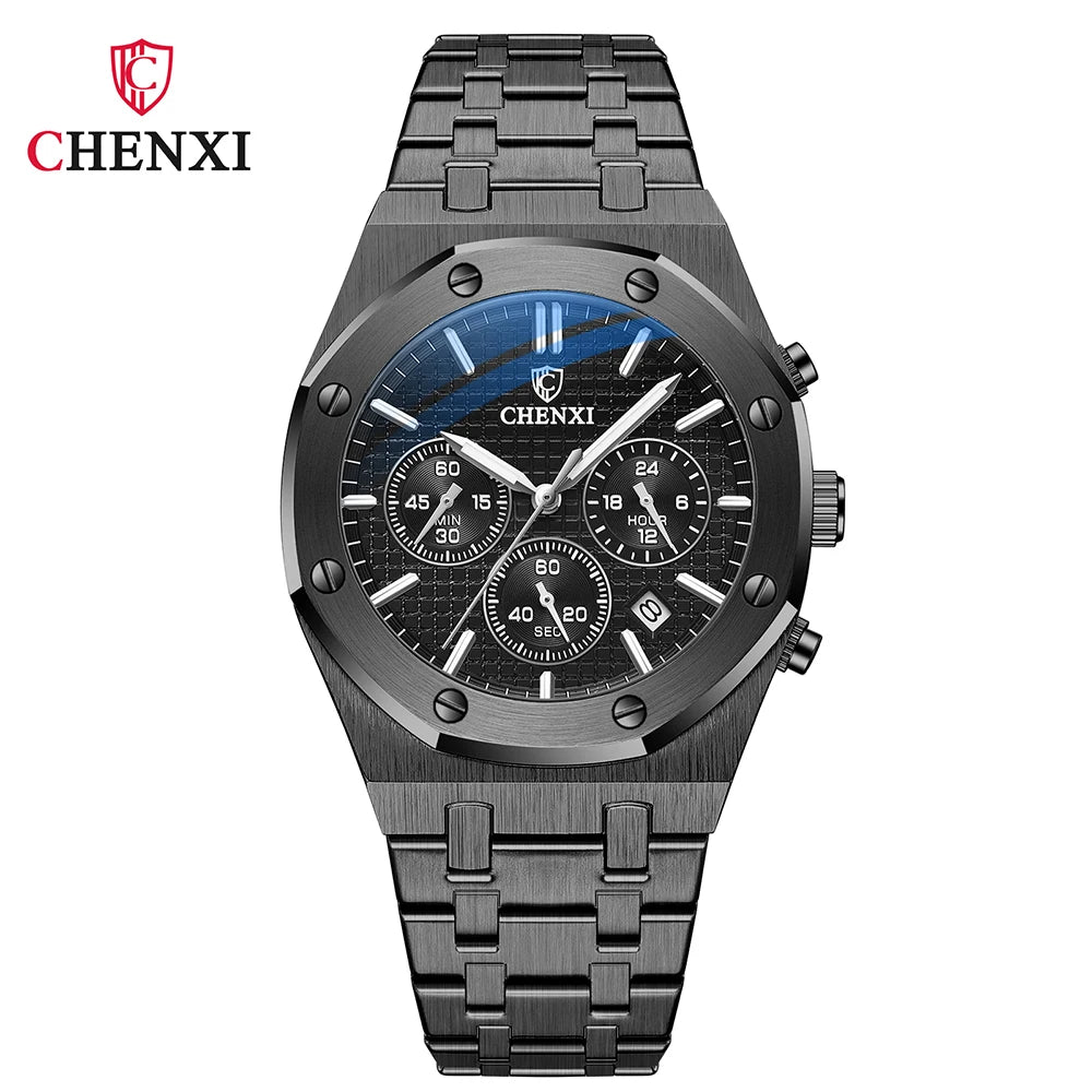 CHENXI Brand Multi-Function Sports Man Watch Luminous Chronograph Steel Strap Waterproof Calendar Quartz Watches Male