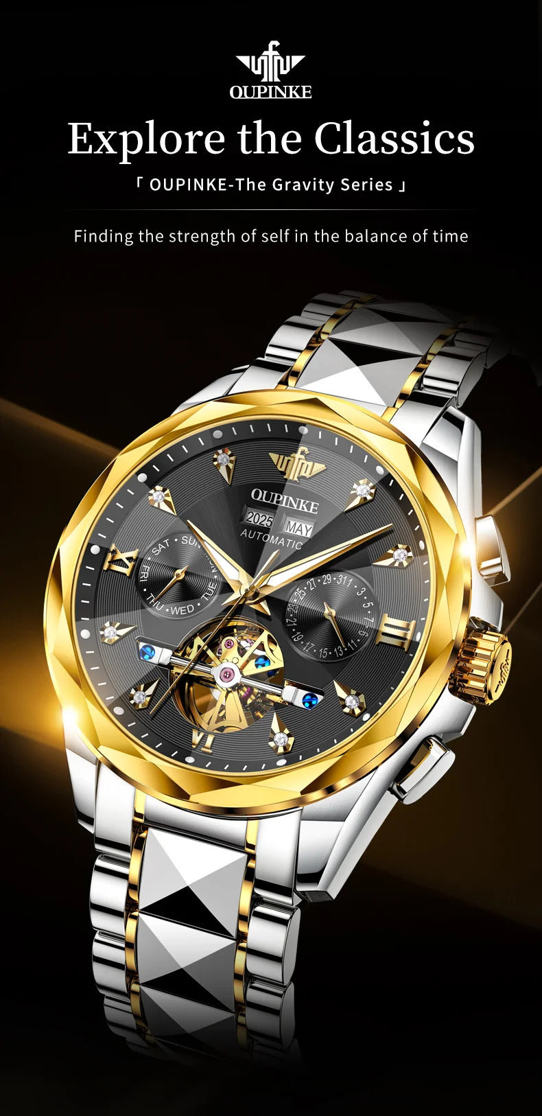 OUPINKE 3316 Automatic Mechanical Watch Classic New Version Watches for Men High-end Large Dial Wristwatch