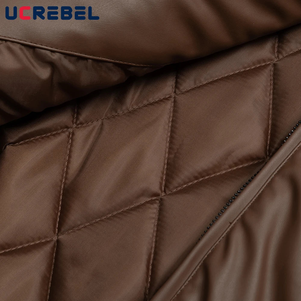 Letter Embroidery Quilted Leather Jacket Mens Winter Thick Retro High Street Lapel Long Sleeve Padded Jacket Men
