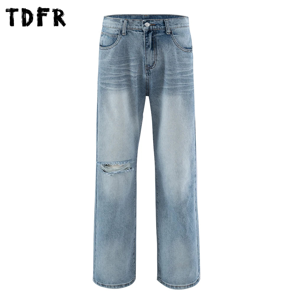 Ripped Denim Pants Mens Washed Distressed Retro Streetwear Baggy Straight Wide Leg Jeans Men