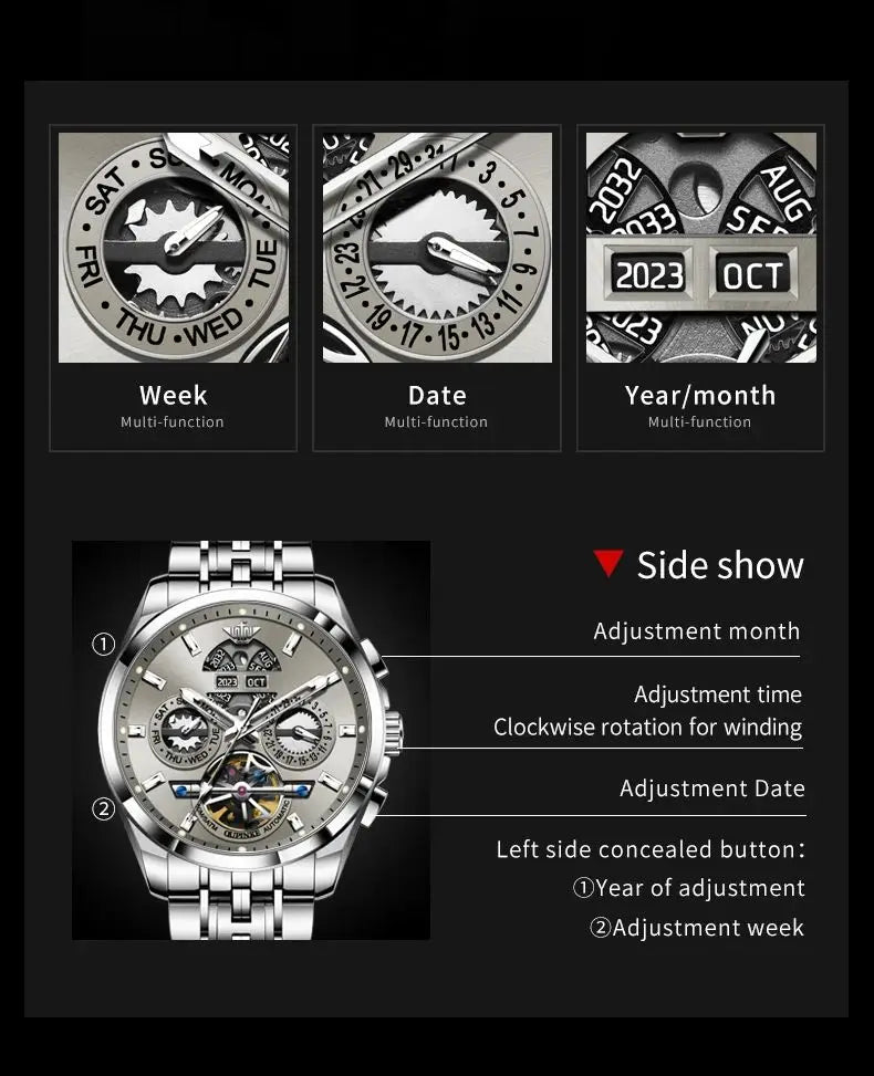 OUPINKE 3251 Watch For Men Auto Date Hollow Skeleton Luxury Automatic Mechanical Hand Clock Top Brand Waterproof Man Watches