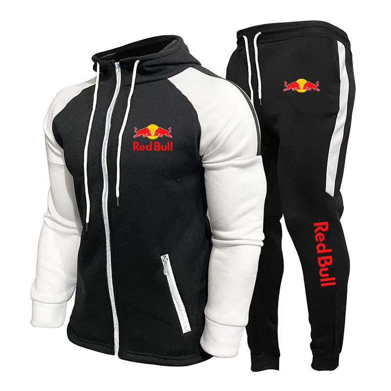 2025 New Red Bull Logo Racing Suit Men's Outdoor Sports Set Running Hooded Jacket Sweatshirt Sports Pants Two-Piece Training Set
