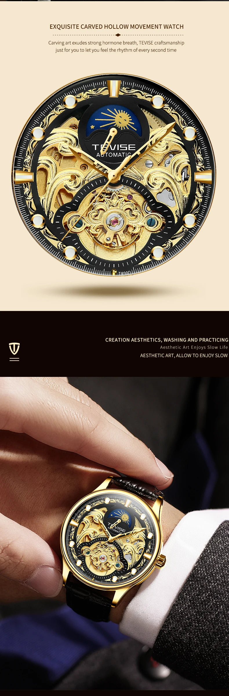 TEVISE New Watch Hollow out Waterproof Business Casual Watch Fully Automatic Men's Mechanical Watch T820D