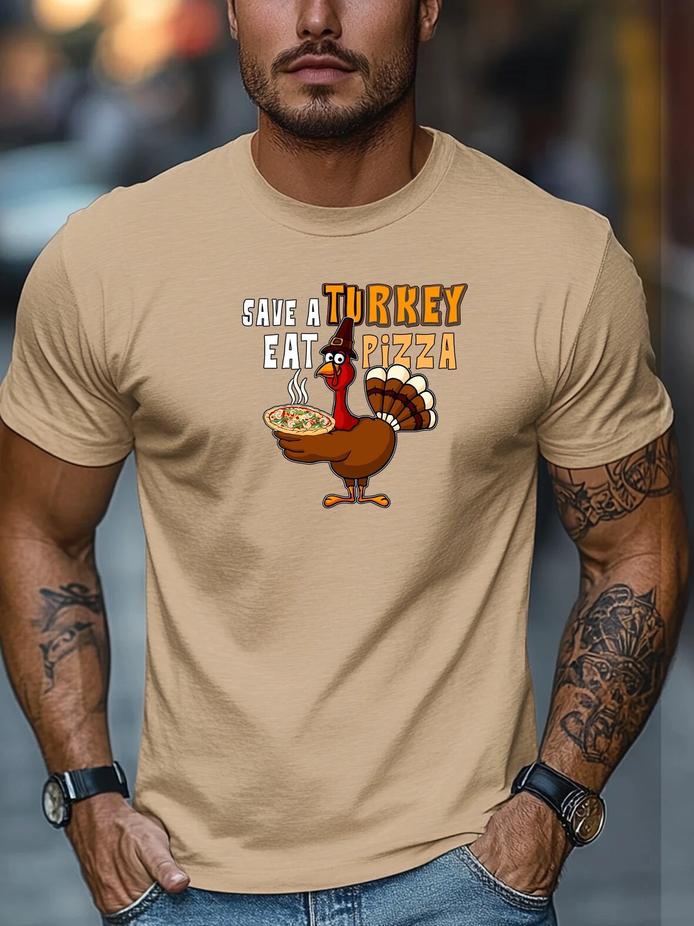 Men t-shirt SAVE A TURKEY EAT PIZZA Graphic Summer Soft Comfort Fit Tee Daily Wear Tops