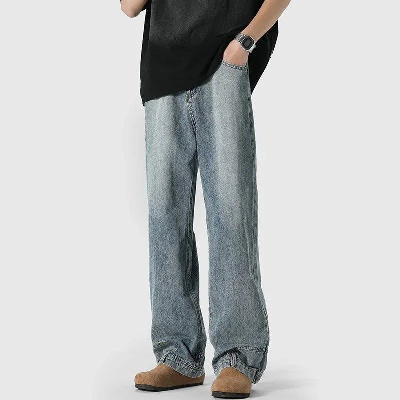 Autumn High Street Baggy Jeans For Men Reverse Pocket Design Straight Wide Leg Denim Pants 2025 New Solid Color Y2K Vintage Jean