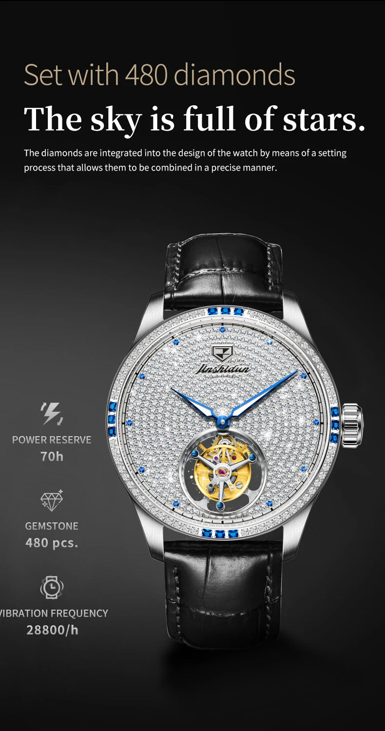 JSDUN Fully Diamond Tourbillon Automatic Watch for Men Genuine Leather Strap Sapphire Mirror Luxury Mechanical Man Wrist Watches
