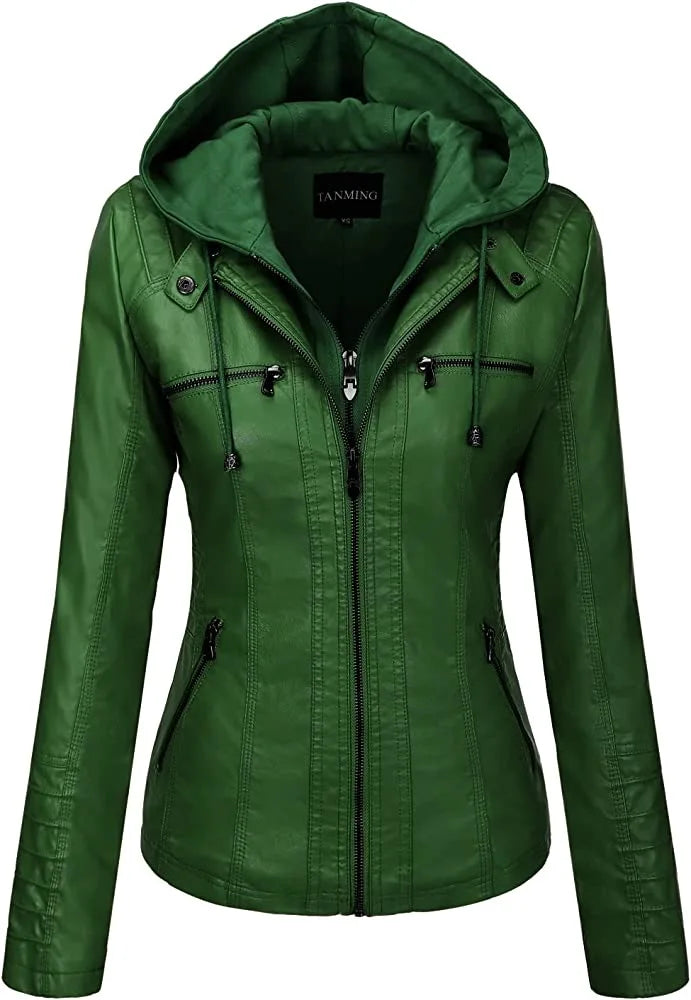 Hooded Leather Jacket Two-Piece Set Removable Large Size Leather Jacket for Women Spring & Fall Outwear for Women Pu Washed Leather
