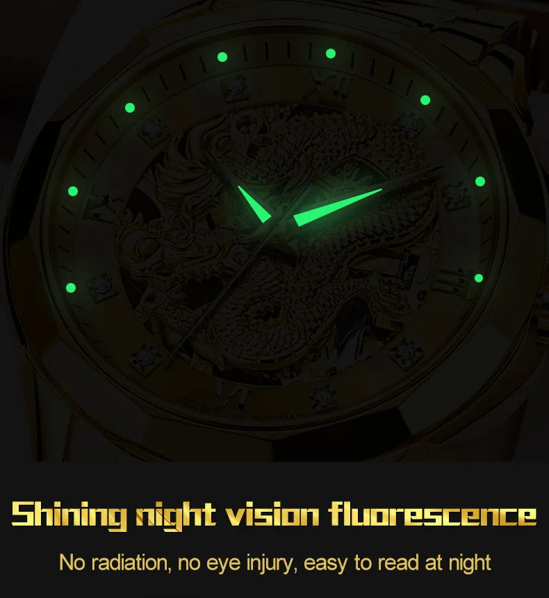 JSDUN Gold 3D Dragon Dial Watch For Men Luxury Brand Automatic Mechanical Watch Stainless Steel Strap Hollow-carved Reloj Hombre