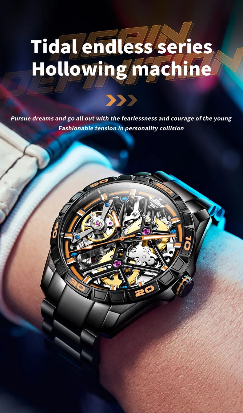 OUPINKE 3196 Luxury Business High Quality Mens Watch Skeleton Automatic Mechanical Watch 50M Waterproof Luminous Sports Watches