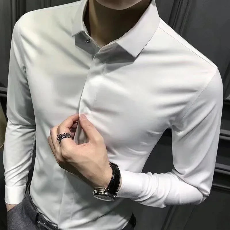 Men's Shirt And Blouse Business Green Long Sleeve Male Top Plain Clothes Designer Elegant New In Silk Button Fashion 2024 Luxury