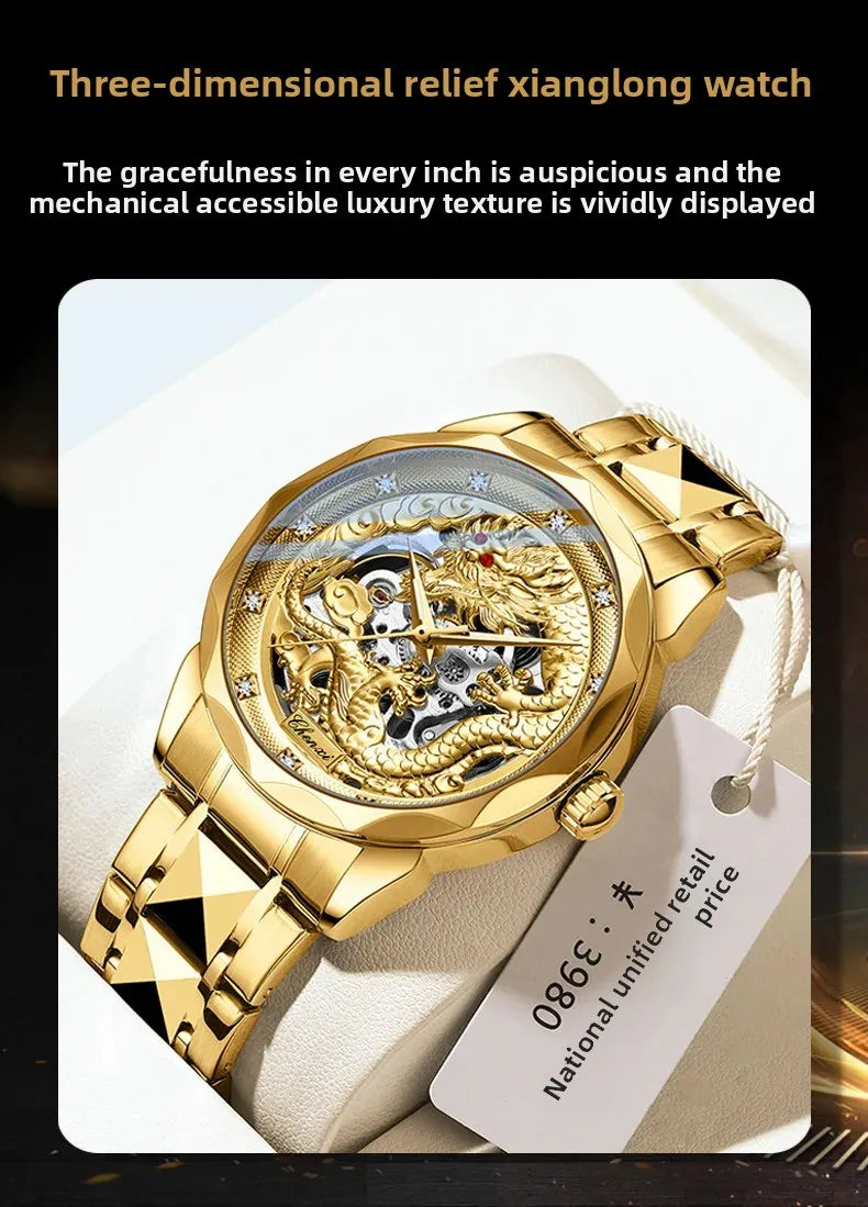 Men's Automatic Mechanical Watch Night Glow Waterproof Relief New Fashion Business Leather Steel Band Luxury Timepiece