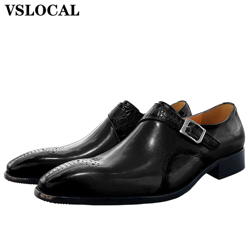Genuine Leather Men's Loafers Blue Black Buckle Strap Casual Luxury Mens Dress Shoes Office Wedding Monk Shoes For Men