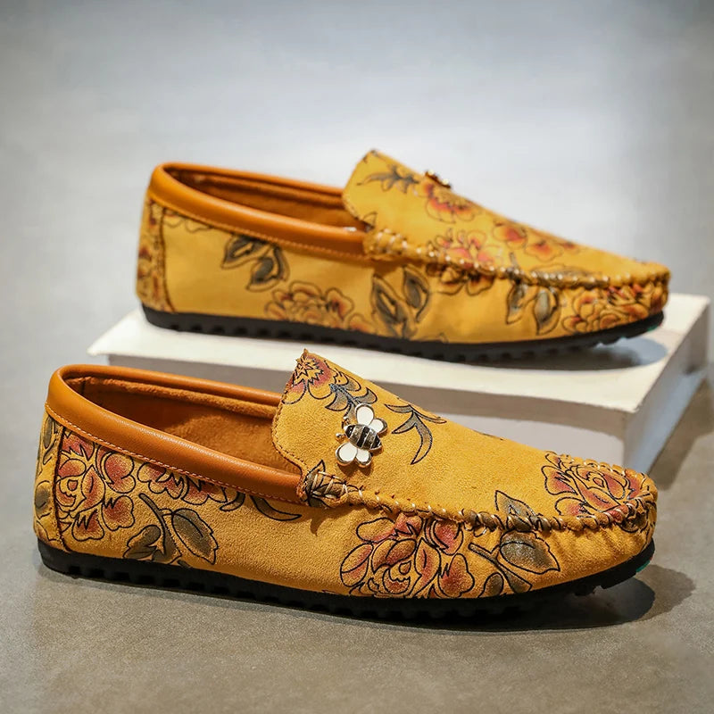 Autumn Fashion Flower Print Men's Loafers Oversized Leather Flat Shoes Men's Lightweight Driving Shoes