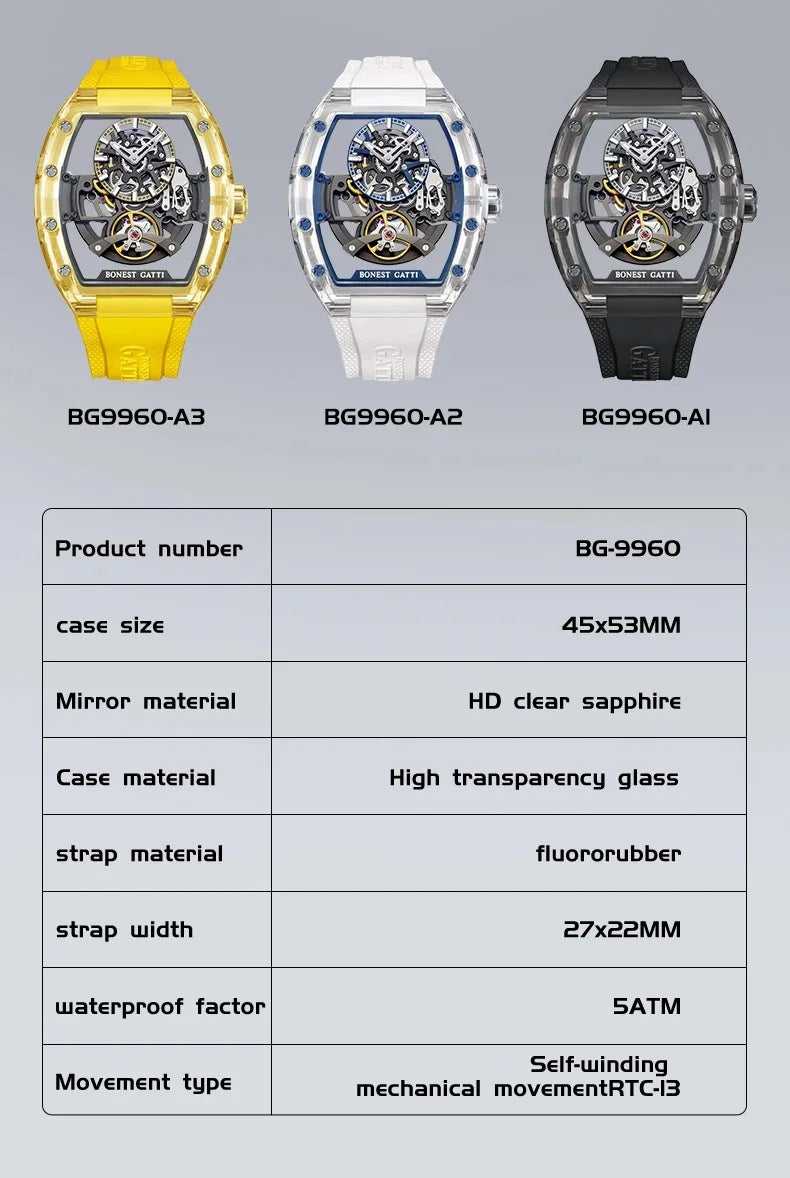 BONEST GATTI 2025 New Men Automatic Watch Tonneau Mechanical Wristwatch Acylic Case Sapphire Lume Hollow Out Dial Fluororubber