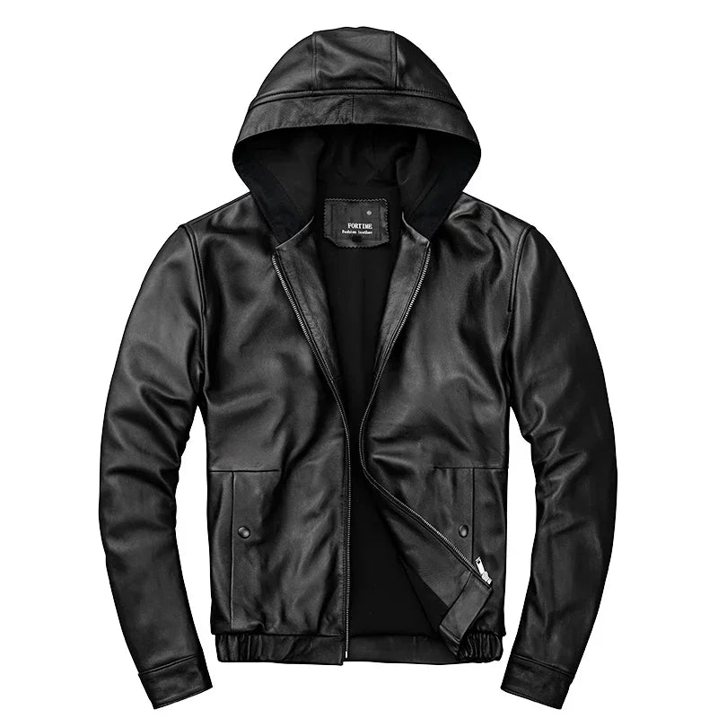 Men's Hooded Leather Jacket 100% Genuine Sheepskin Motorcycle Black Coat Male Hoodies Clothes Spring Hat Leather Jacket Men