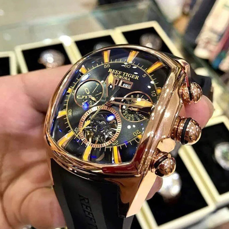 Reef Tiger 316L Stainless Steel Wine Barrel Automatic Watch Fashion Mulitfunction Tourbillon Mechanical Watches for Men RGA3069