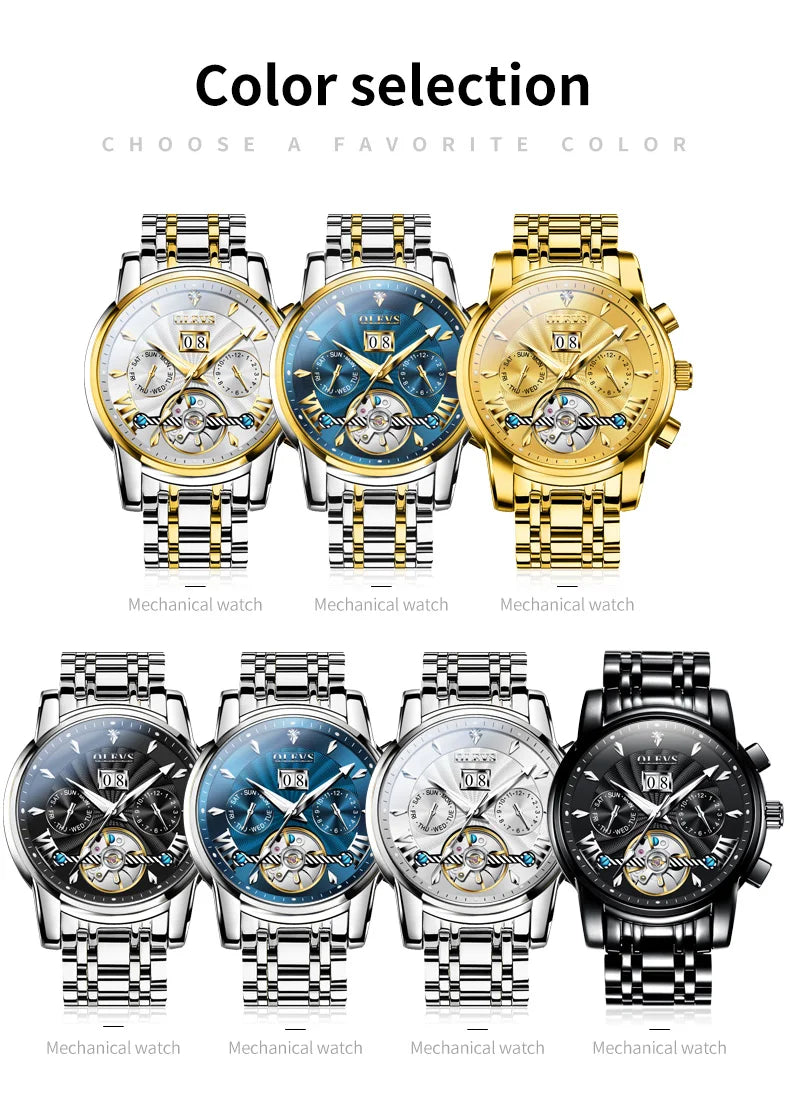 OLEVS Luxury Top Brand Watch for Men Automatic Mechanical Watches Waterproof Stainless Steel Skeleton Design Man Wristwatch