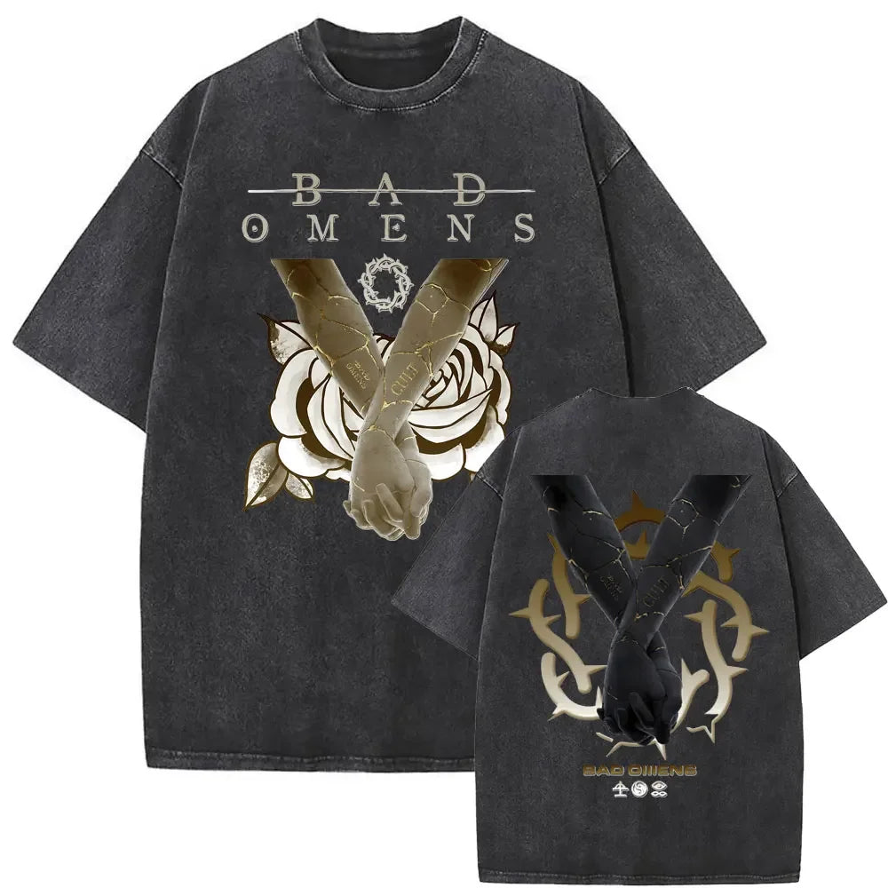 Washed Vintage Bad Omens Print T-shirt Funny Moth Graphic Tshirt Men Women Fashion Hip Hop Streetwear Short Sleeve T-shirts Male