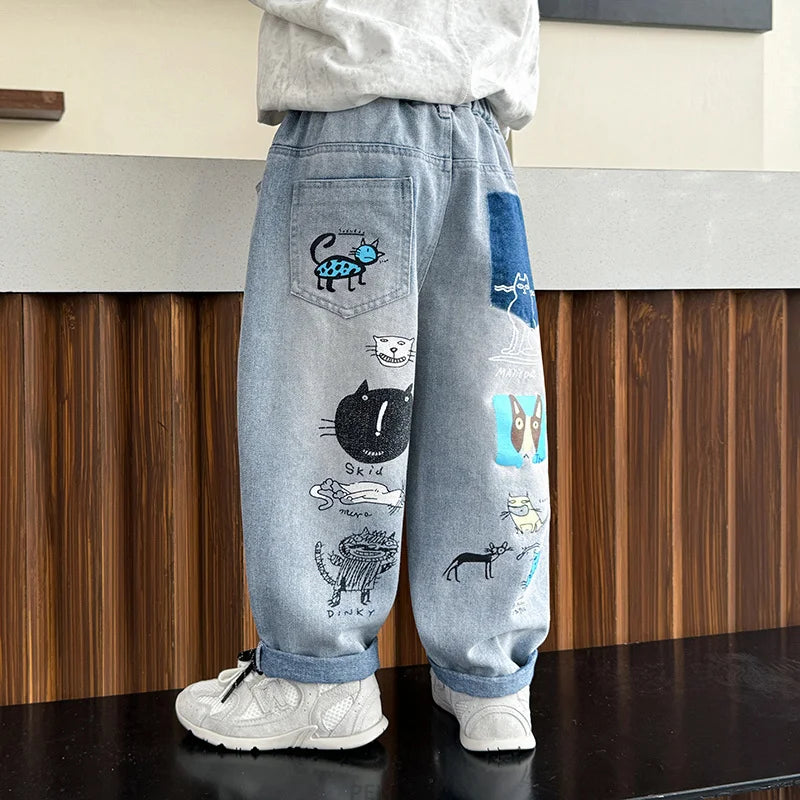 New Fashion Baby Baggy Ripped Jeans For Boys Casual Cartoon Print Denim Pants Kids Child Destroyed Jeans Trousers Age 2 To 9 Y
