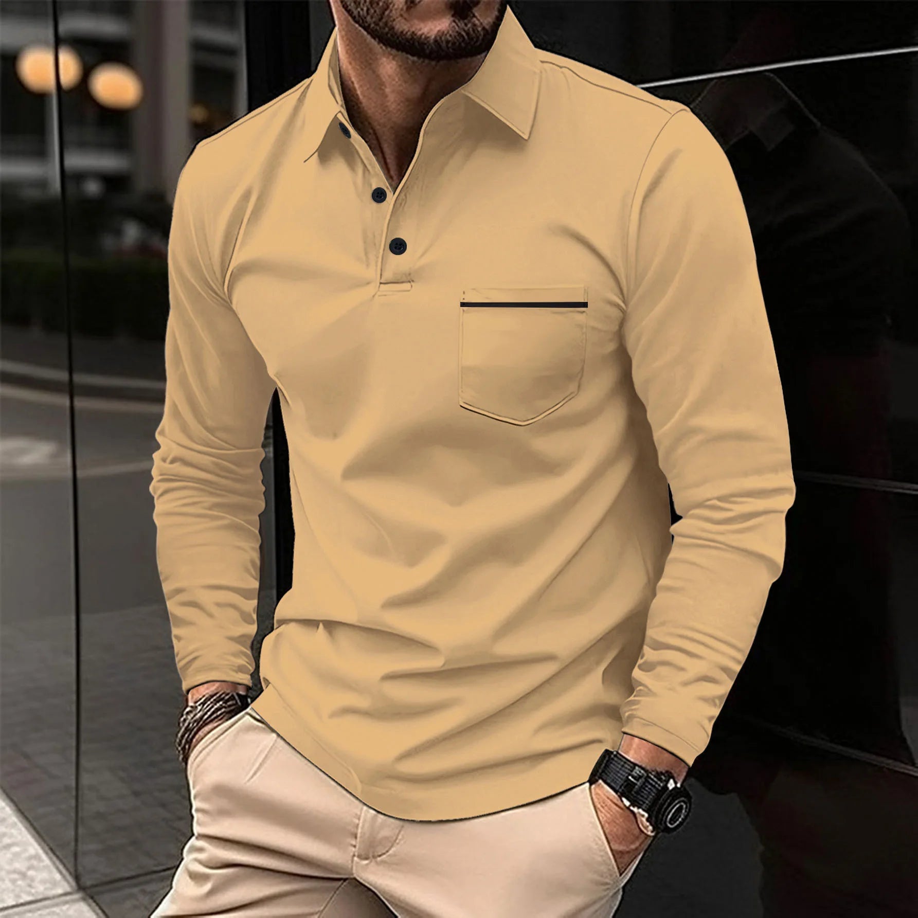 New men's casual long-sleeved polo shirt - solid-colored lapel polo shirt, stylish, breathable, comfortable and versatile top.