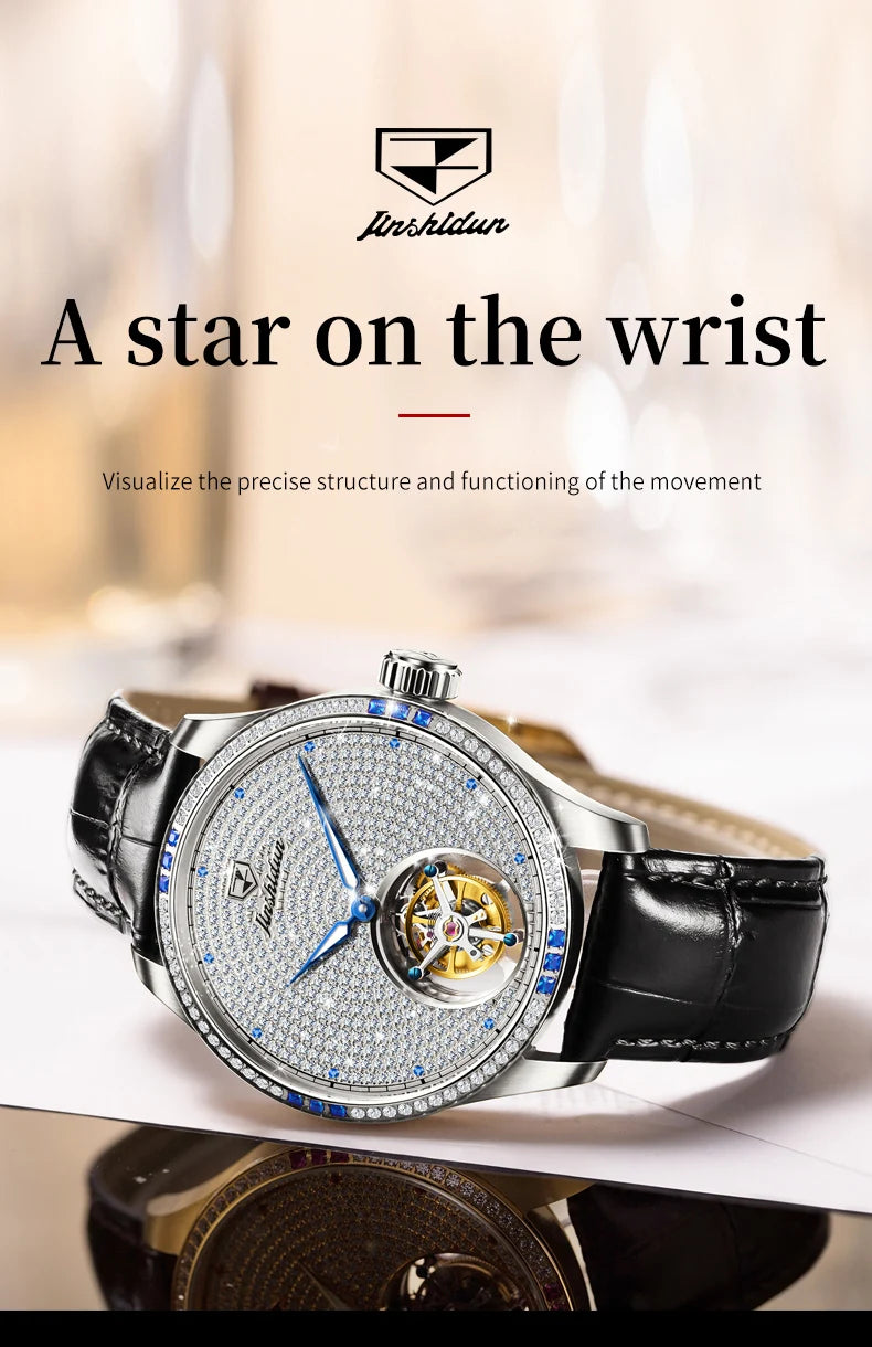JSDUN Fully Diamond Tourbillon Automatic Watch for Men Genuine Leather Strap Sapphire Mirror Luxury Mechanical Man Wrist Watches